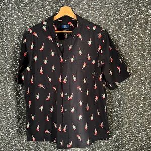 XL Black button down casual shirt! Love the parrots with pink and blue feathers.